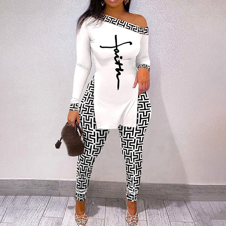 Autumn And Winter New Letter Floral Print Slit Hem Long Sleeve Top Suit Women