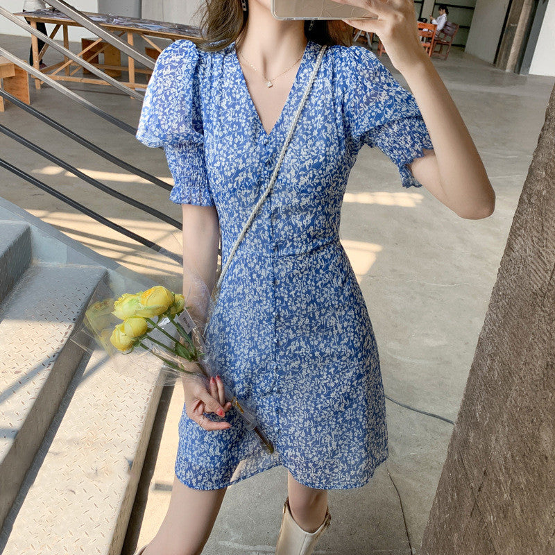 Summer Sweet Floral Puff Sleeves Waist Slim Chiffon Dress Women