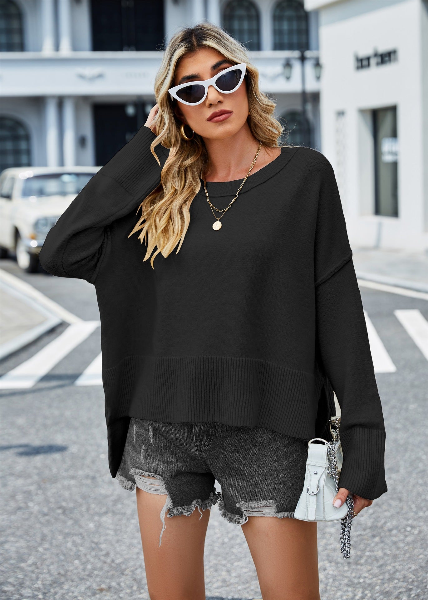 Round Neck Women's Knitwear Bell Sleeve Solid Color Sweater