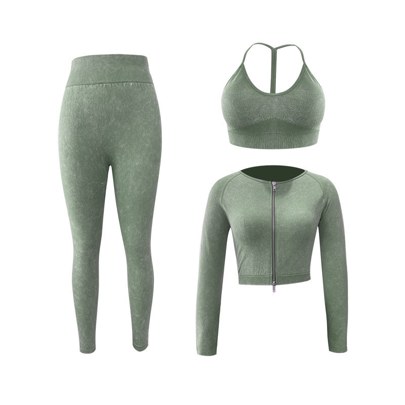 Women's Yoga Suits Long Sleeve Sports Bra Hip Raise Yoga Pants Three-piece Set