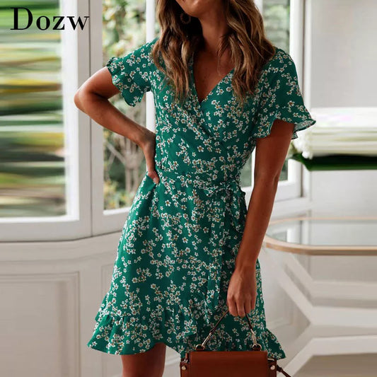 Beach Dress Ruffle Short Sleeve A Line Mini Dress Wrap Sundress Robe