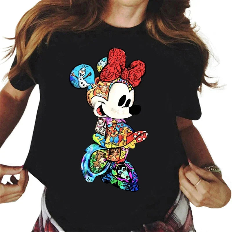 Fashion Disney Mickey Minnie Mouse Print T-shirt for Women - Cute Tees, Trendy Female Tops, Streetwear Shirt