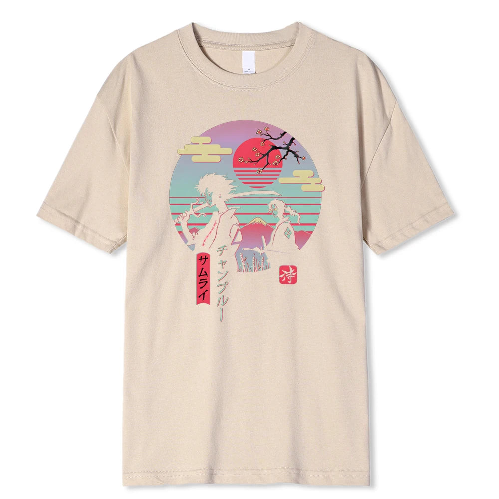 "Japanese Samurai Walking Home Hip Hop Print Men's Street T-Shirt - Fashionable Summer Casual Cotton Tee for a Loose and Oversized Fit"