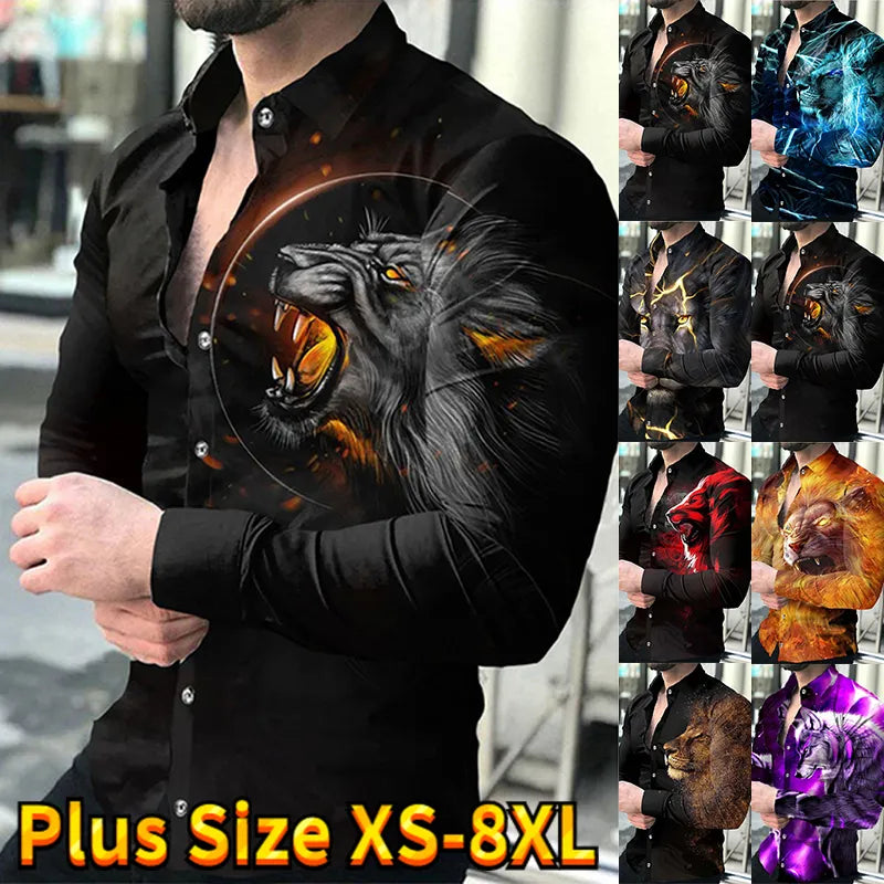 New Men's Shirt Lapel with Buckle Shirt Casual Lion Print Long Sleeved Tops Prom Party Men's Clothing XS-8XL