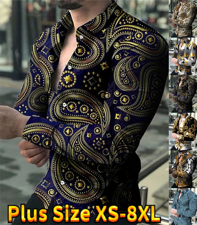 Trendy New Floral Print Shirt Men's Fashion Personality Casual Slim Long Sleeved Party Shirt Men's Clothing XS-8XL