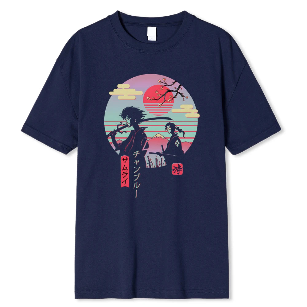 "Japanese Samurai Walking Home Hip Hop Print Men's Street T-Shirt - Fashionable Summer Casual Cotton Tee for a Loose and Oversized Fit"