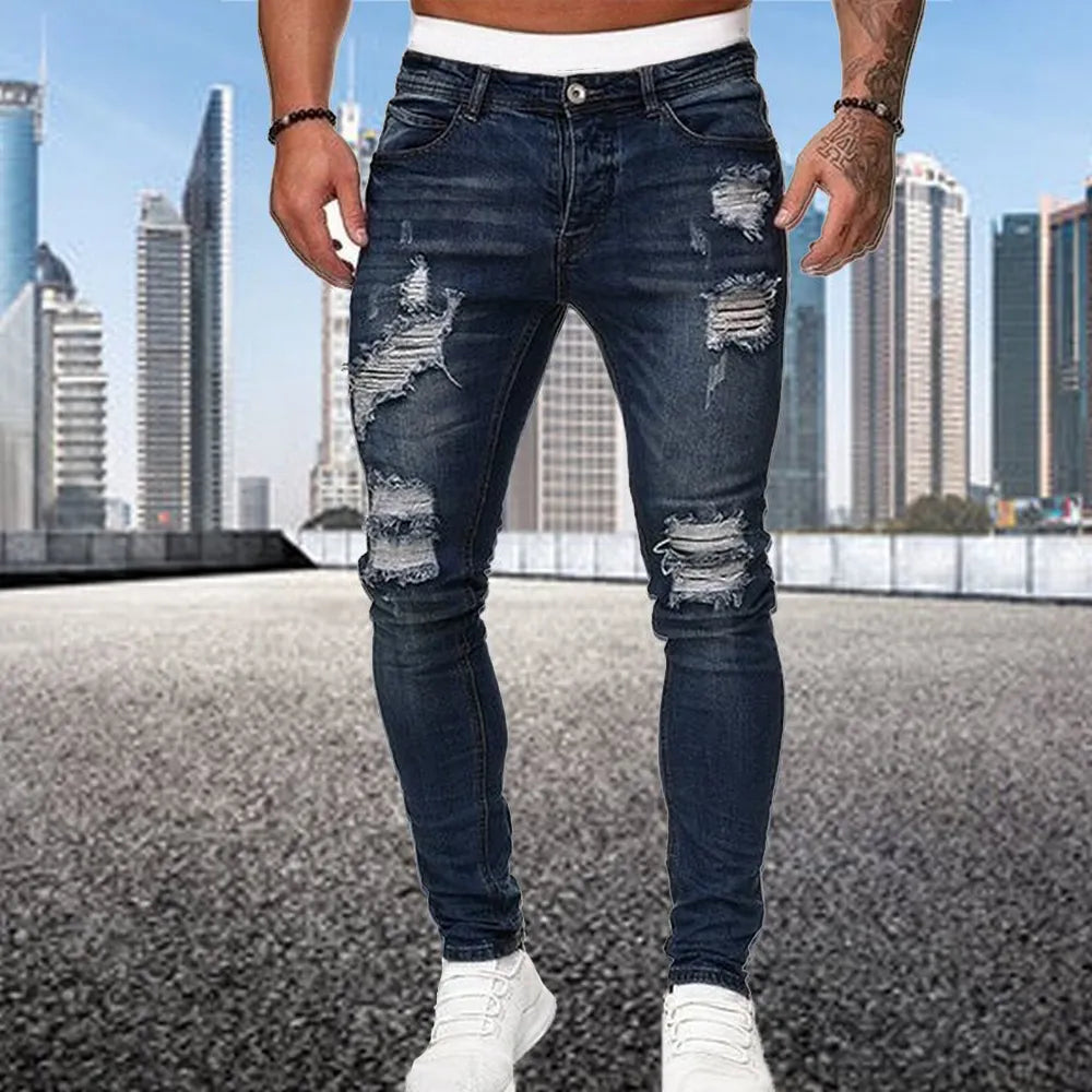 Distressed Streetwear Ripped Skinny Jeans Men Vintage Wash Solid Elastic Biker Holes Denim Pencil Pants Casual Slim Fit Joggers