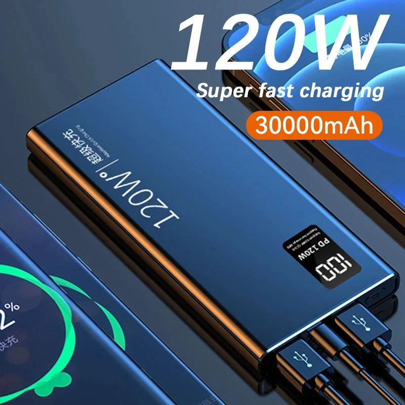 30000mAh 120W Power Bank Super Fast Charging 100% Sufficient Capacity Portable Battery Charger For iPhone Huawei Xiaomi Samsung