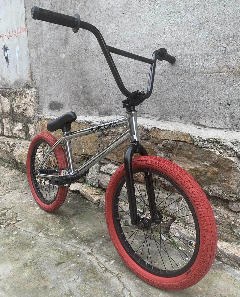 HOME BMX Crmo Steel  20 Inch Electroplated Silver Frame Red Outer Tire Small Wheel Professional Bmx Action Performance Bicycle