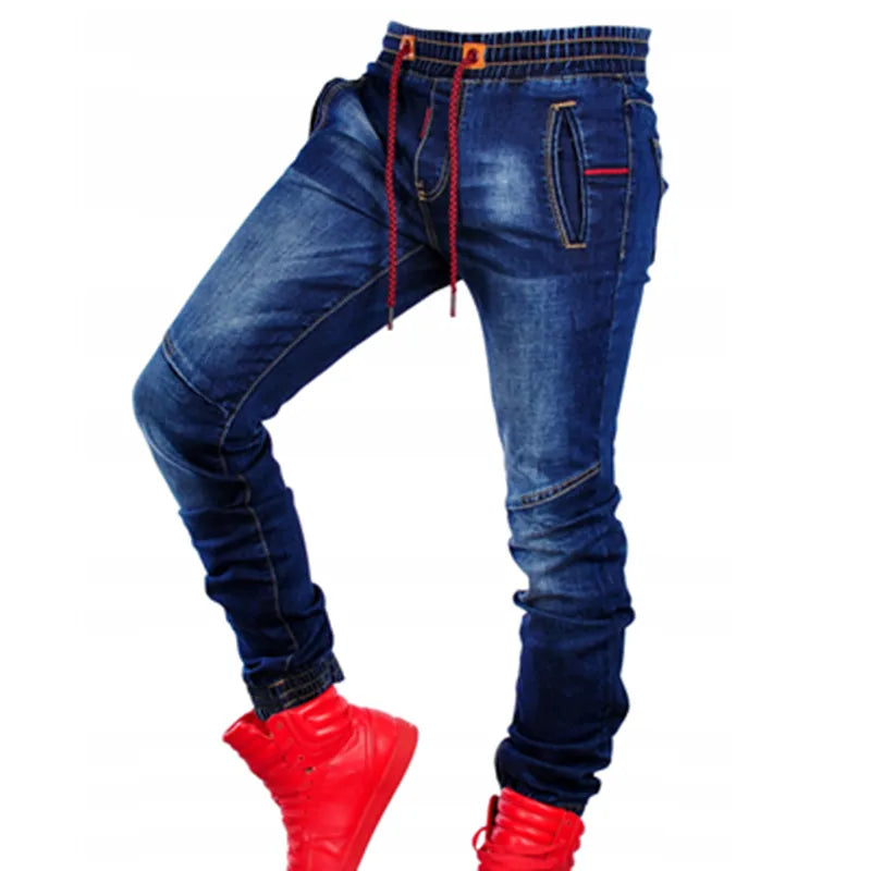 Men's New Large-Size Jeans Elasticize Waist Tie Slim Casual Classic Blue Loose Stretch Joinable Fashion Simple Denim Pants