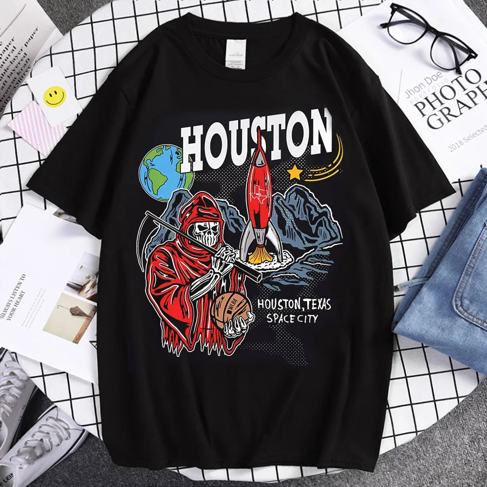 Skull Print T-Shirt Basketball Fan Streetwear Tops Vintage Americana Style T Shirt Women's Clothing Men Hot Blood Graphic Tshirt