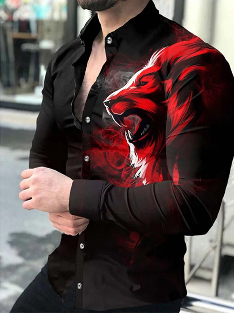 New Men's Shirt Lapel with Buckle Shirt Casual Lion Print Long Sleeved Tops Prom Party Men's Clothing XS-8XL