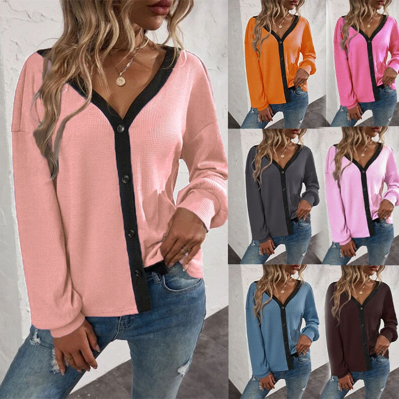 New Women‘s Cardigan T- Shirt Autumn Winter Long Sleeve Waffle Button Shirts Female Fashion Clothing Oversized Tops