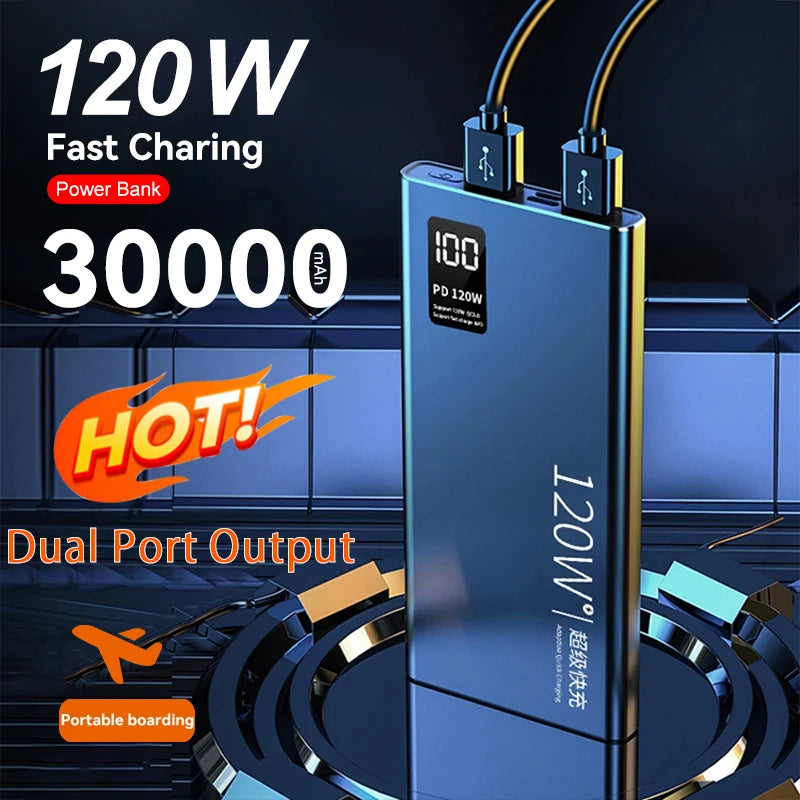 30000mAh 120W Power Bank Super Fast Charging 100% Sufficient Capacity Portable Battery Charger For iPhone Huawei Xiaomi Samsung