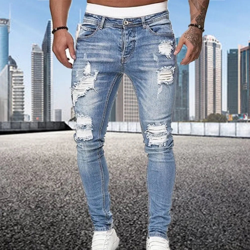 Distressed Streetwear Ripped Skinny Jeans Men Vintage Wash Solid Elastic Biker Holes Denim Pencil Pants Casual Slim Fit Joggers